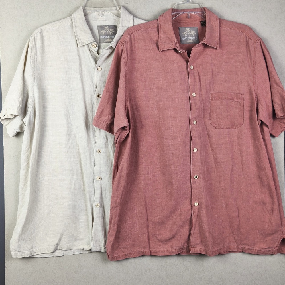 Lot 2 Margaritaville Men XL Silk Linen Button Up Camp Shirts Pink Beige